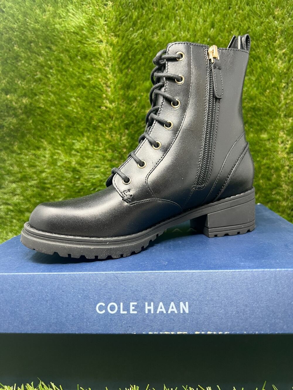 NWB Women's 5C Cole Haan Camea Black Leather Waterproof Combat Boots